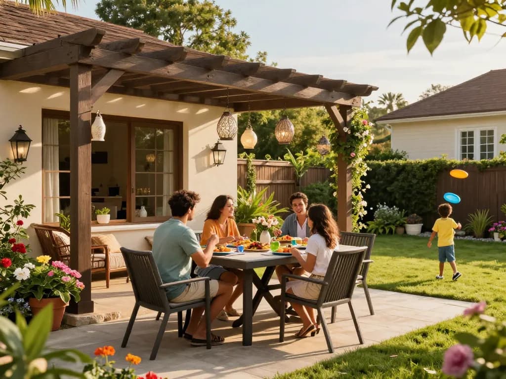 Family gathering under a beautifully designed pergola with pergola configurator software in action.