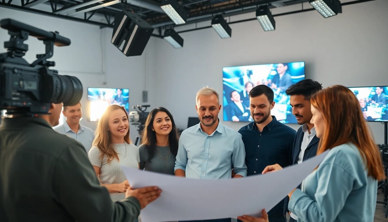 Capturing corporate video production with a diverse team collaborating in a modern studio.
