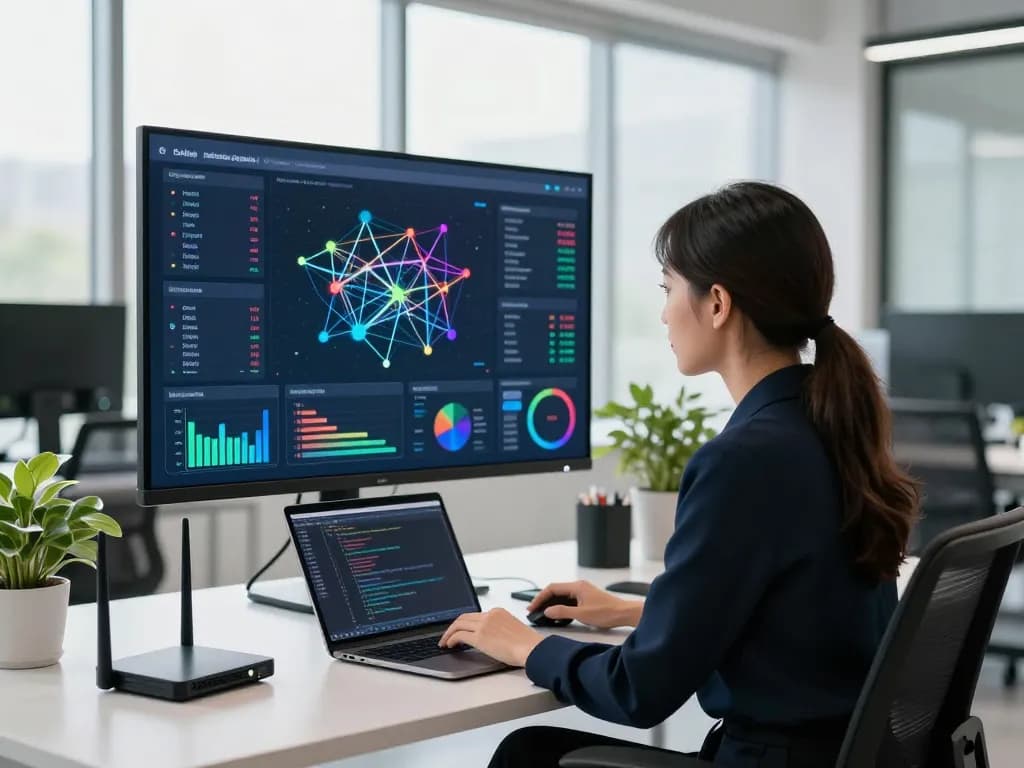 快连 network optimization workspace showcasing performance metrics and advanced technology.