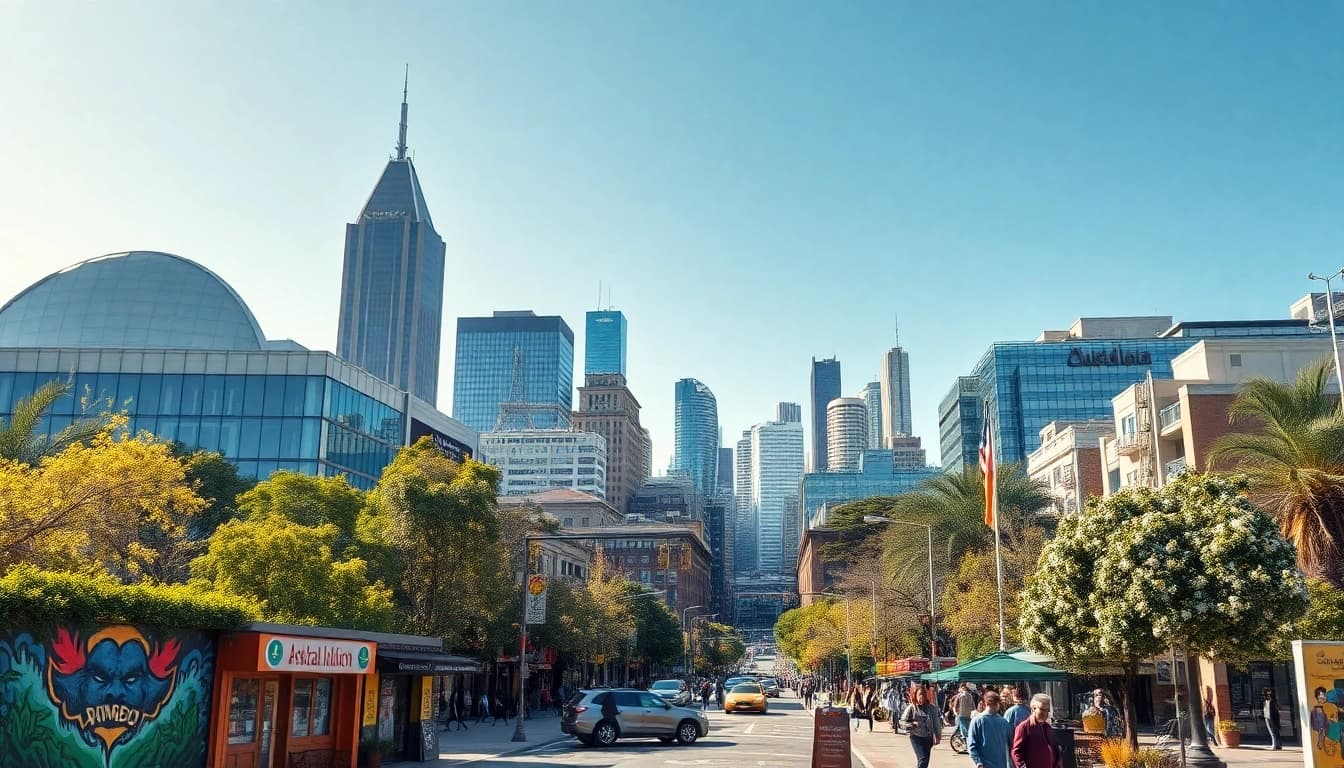 Experience vibrant urban life in Australia with colorful street art and lively outdoor spaces.