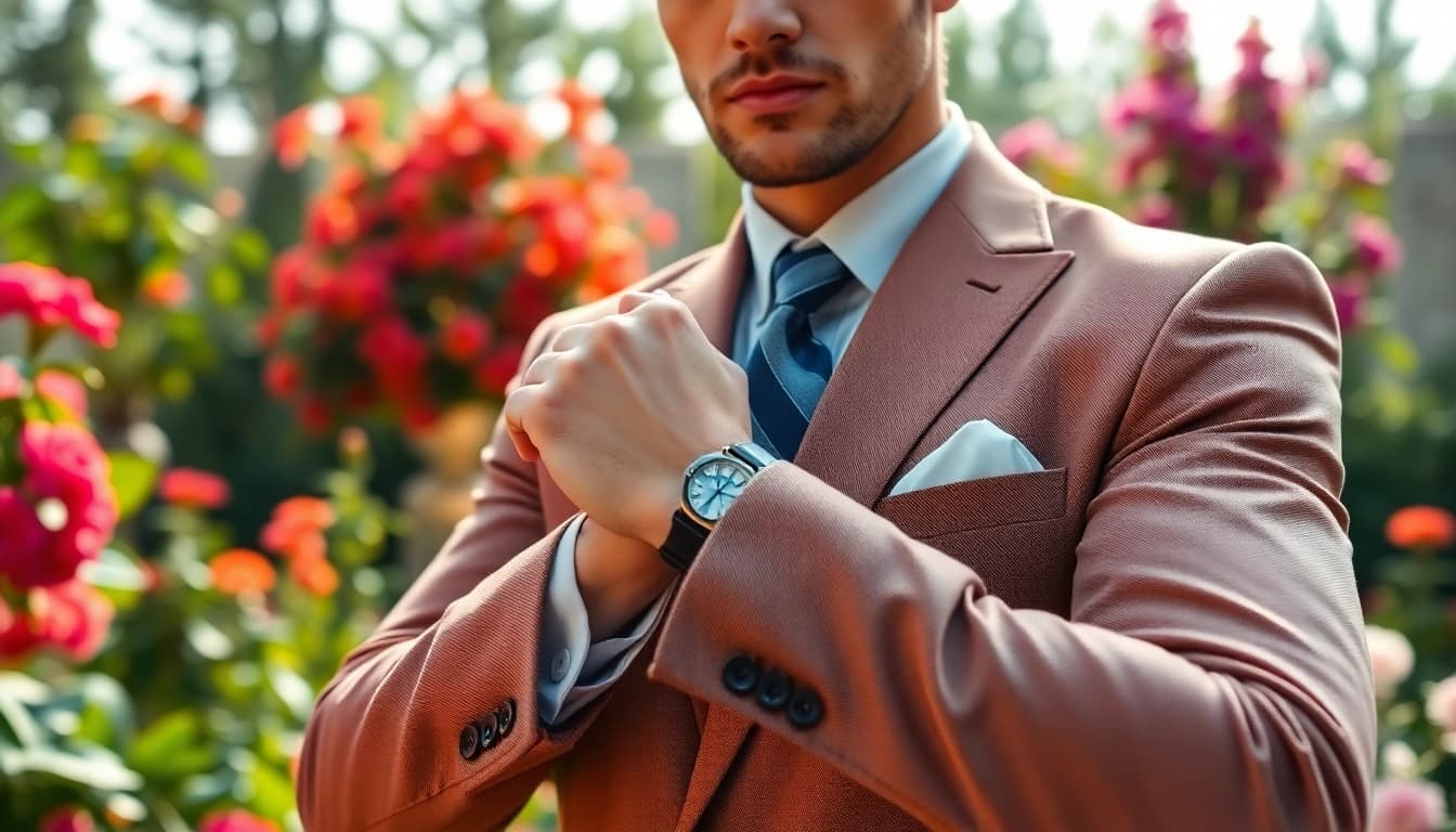 Showcasing designer menswear on a male model in a beautiful garden, emphasizing elegance and style.