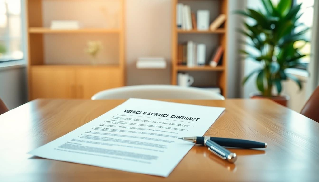 Understanding a vehicle service contract with a well-placed pen on a polished desk, highlighting professionalism.