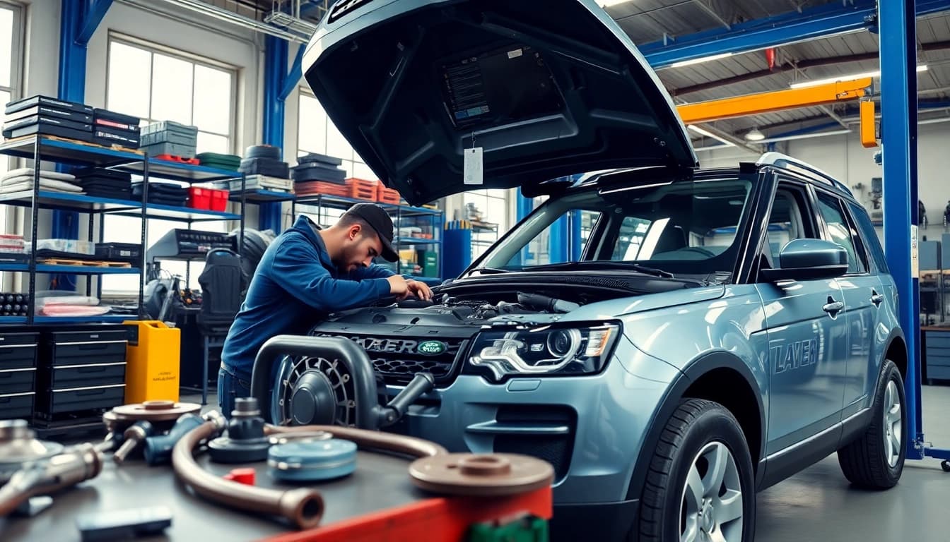 Land Rover Service mechanics inspecting a vehicle in a professional workshop environment.