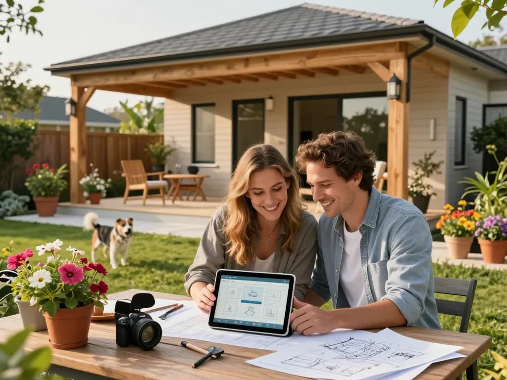 Couple using a Veranda configurator to design their custom outdoor space with vibrant garden elements.