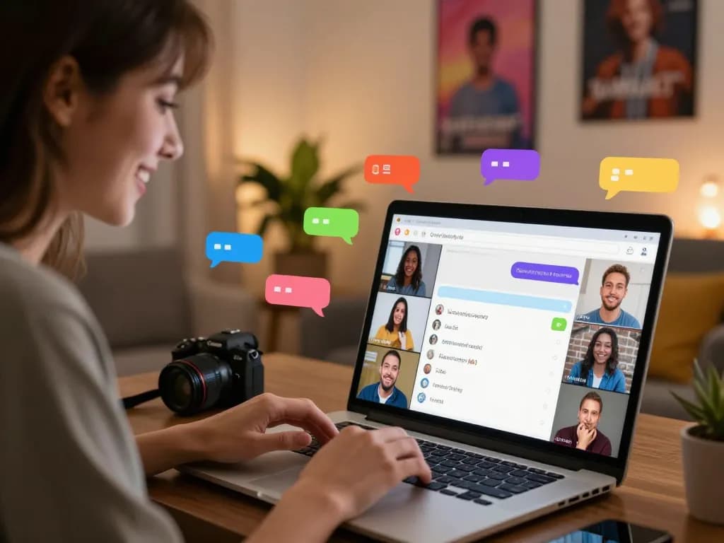 Engaging individuals in vibrant sexchat conversations using laptops and mobile devices, showcasing interaction and digital connection.