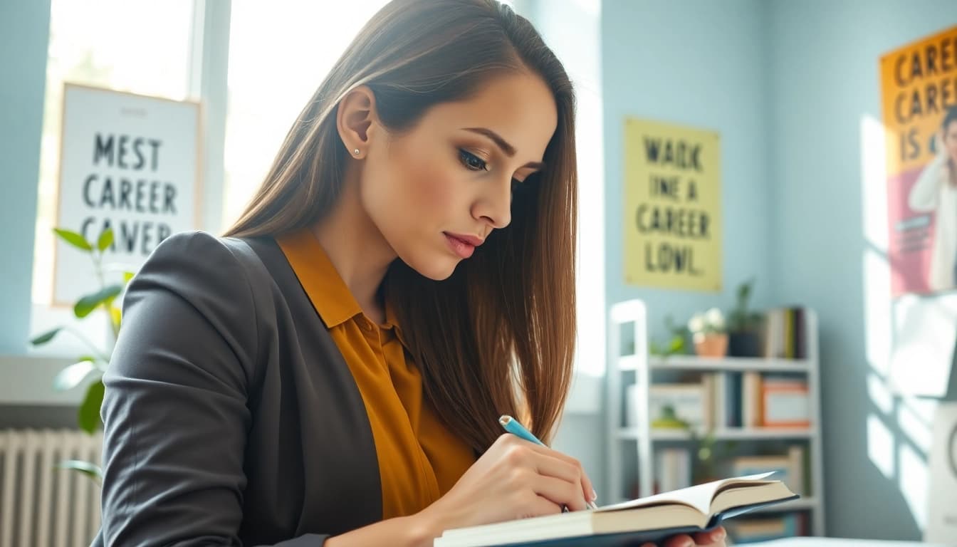 Visualize your ideal career: a focused woman brainstorming in a bright office.