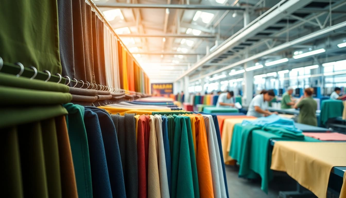 Verschillende viscose stoffen hangen in een textielfabriek, levendige kleuren en texturen.