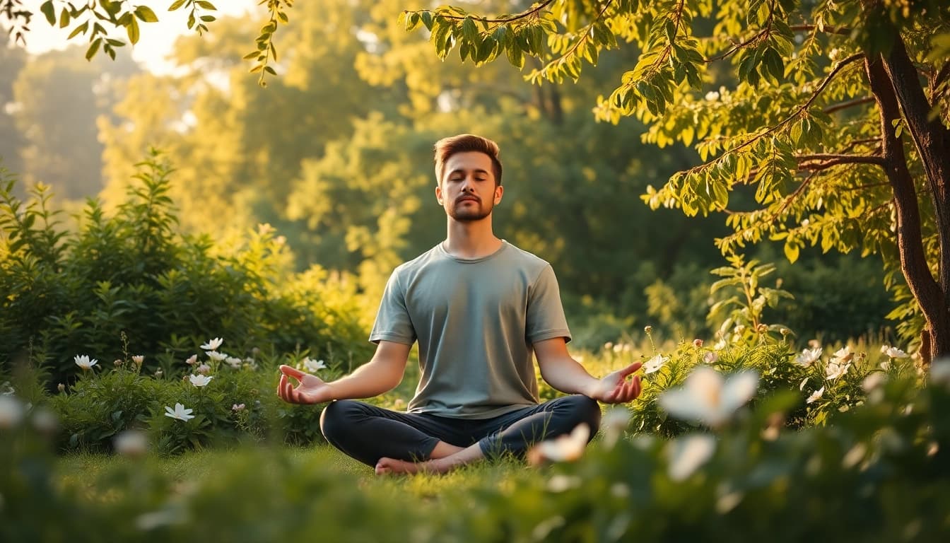 Practicing mental wellness through serene meditation in a lush natural environment.