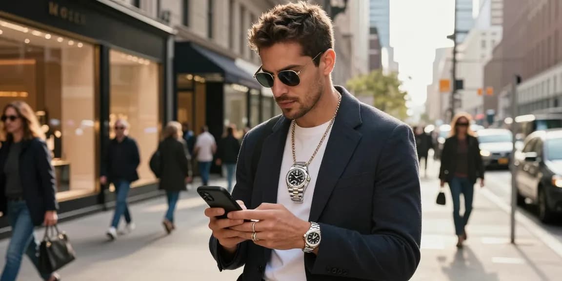 Stylish individual showcasing a rolex replica watch in an urban setting, reflecting luxury and sophistication.
