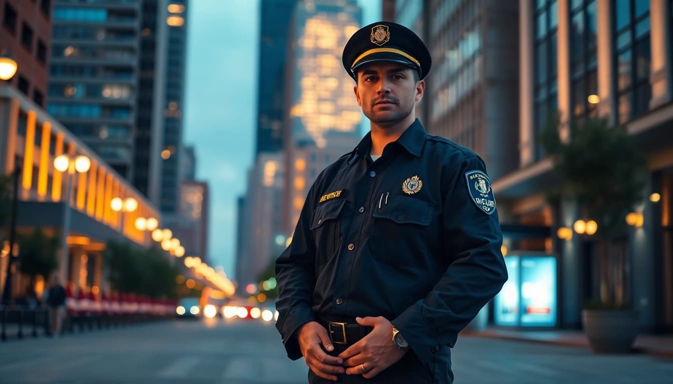 Personal security guard monitoring surroundings in an urban environment, ensuring safety and vigilance.