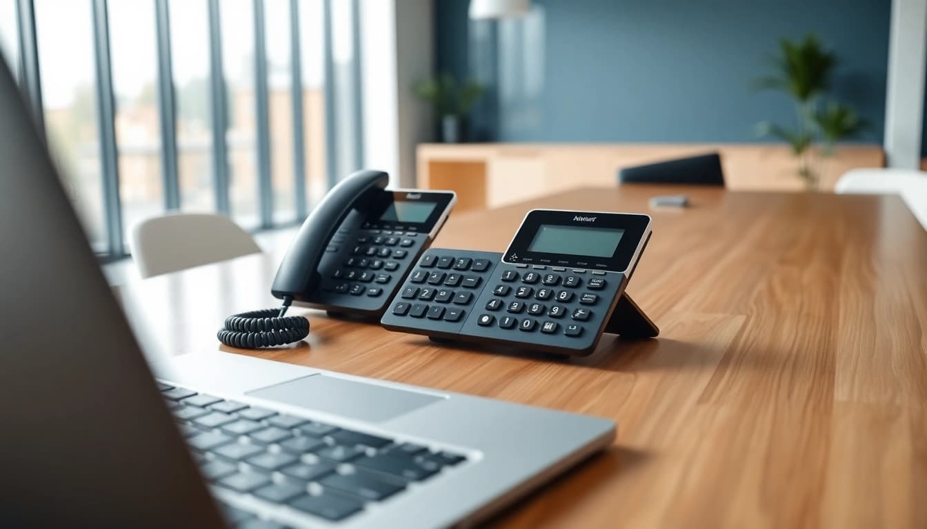 Showcase a small business phone system setup, emphasizing clear communication tools in a modern office.