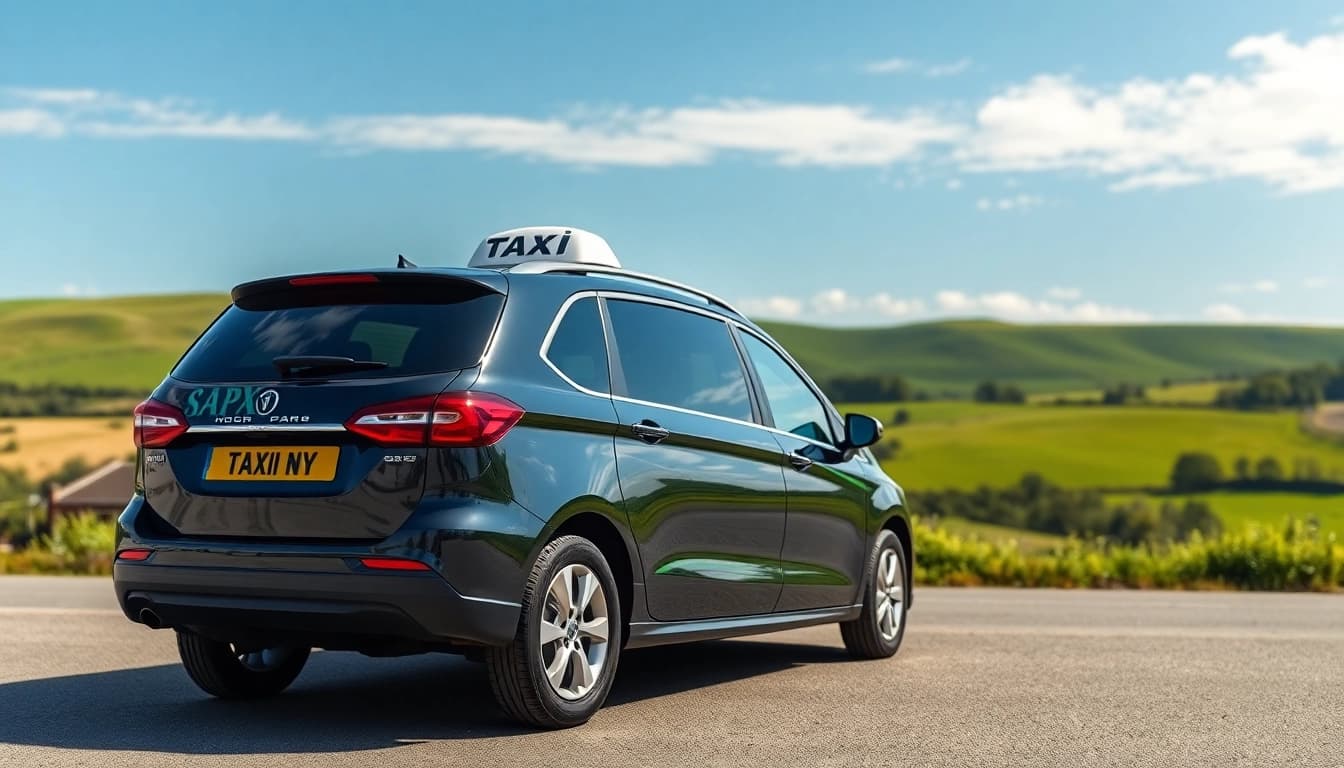 Pyrford taxi service showcasing a sleek vehicle against beautiful countryside.