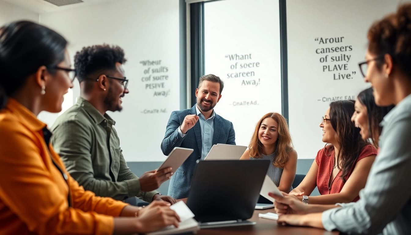How to find my perfect career with a professional coach guiding a diverse group in a bright office setting.