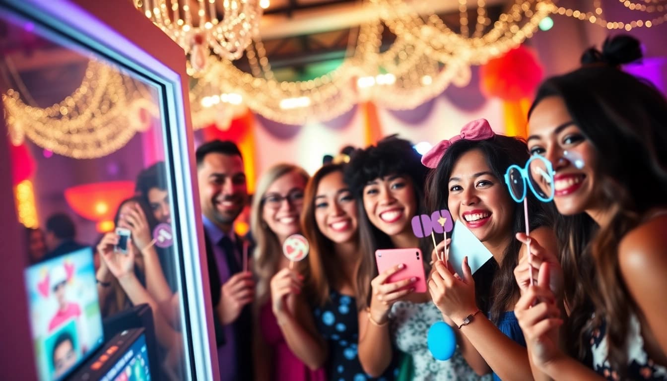 Experience the joy of photo booth rental chicago with vibrant setup and smiling guests at an event.
