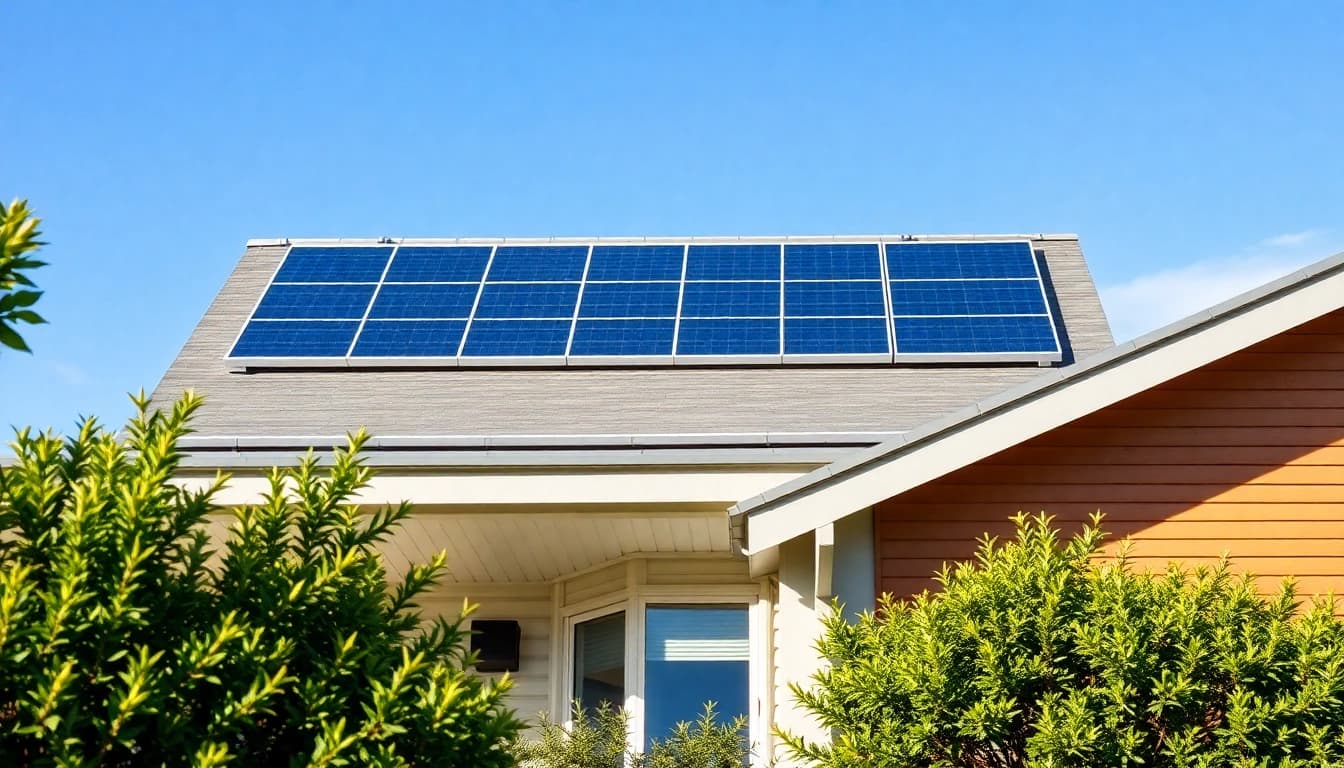 Showcasing renewable energy solutions with a modern home featuring solar panels in a vibrant setting.