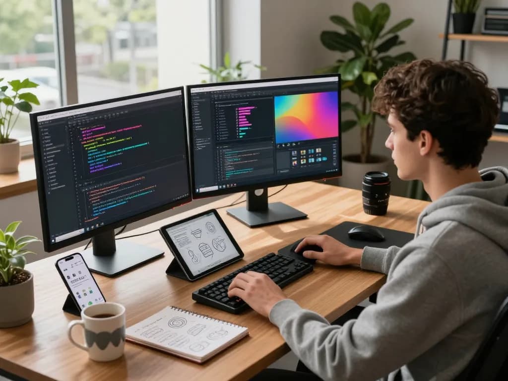 Developer using 谷歌浏览器 at a modern tech workspace with dual monitors coding.