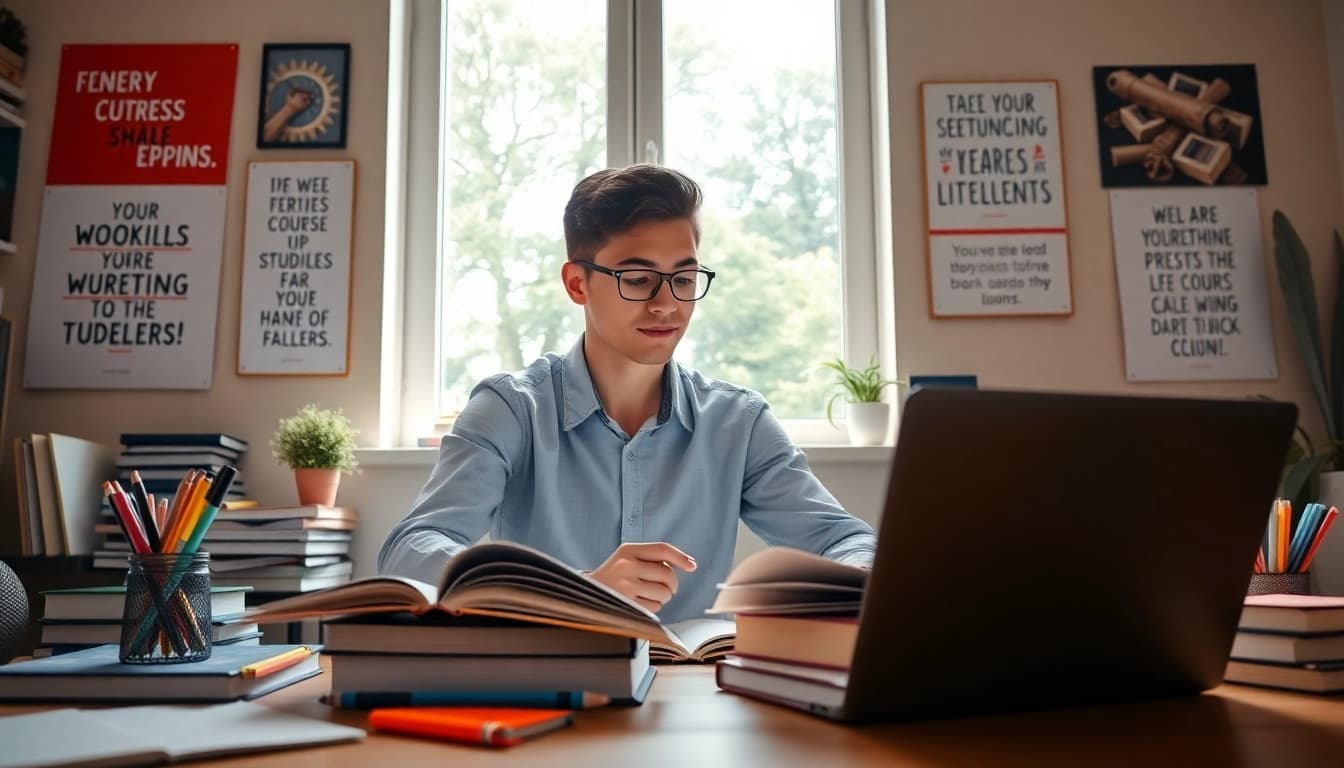 Engaged student in focused exam preparation with study materials and a laptop.