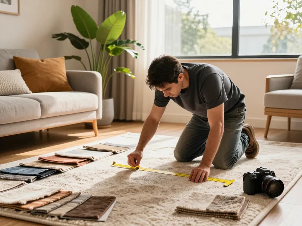 Professional installation of home carpet fitting services in a cozy living room.