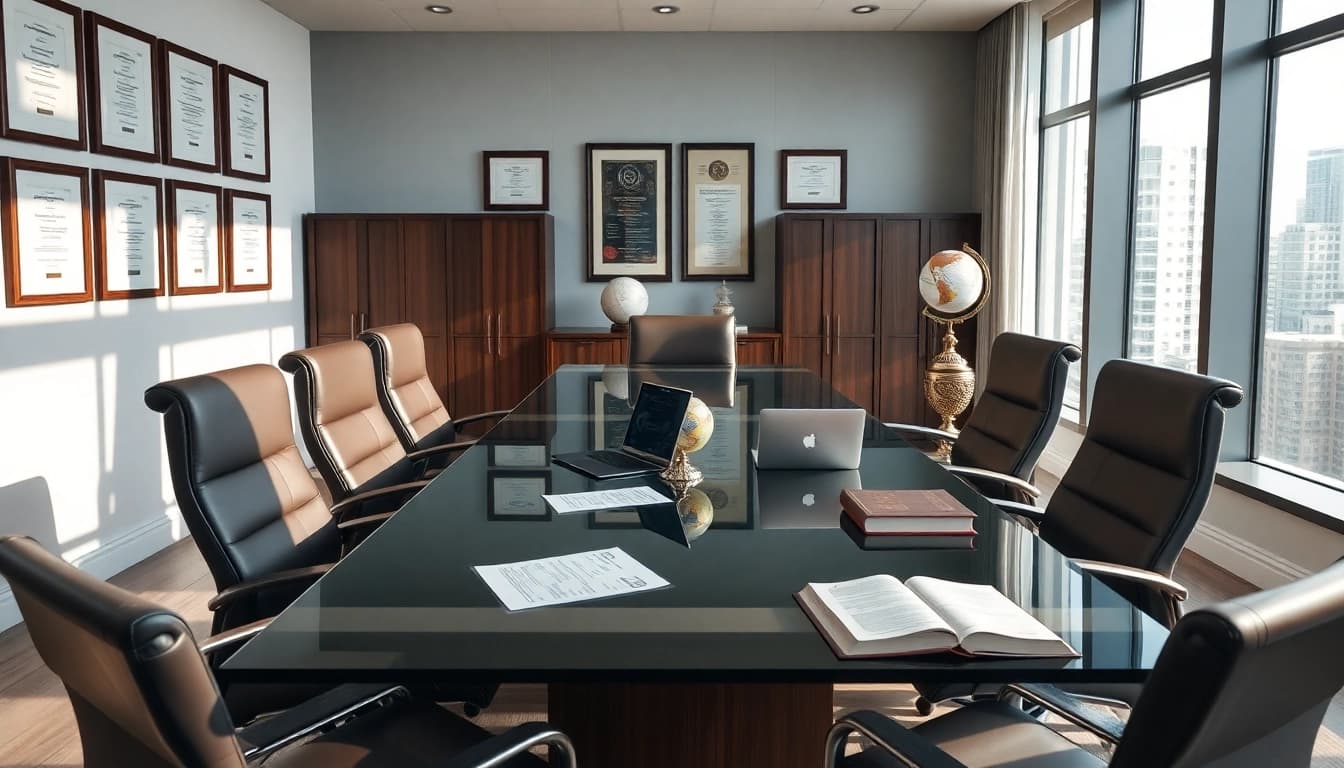 A modern law firm in the US specializing in immigration and business law, showcasing a professional office environment in Miami.