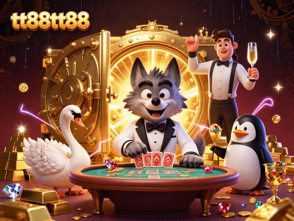 Experience the thrill of baccarat with tt88tt88 featuring a debonair wolf and elegant swan dealer.