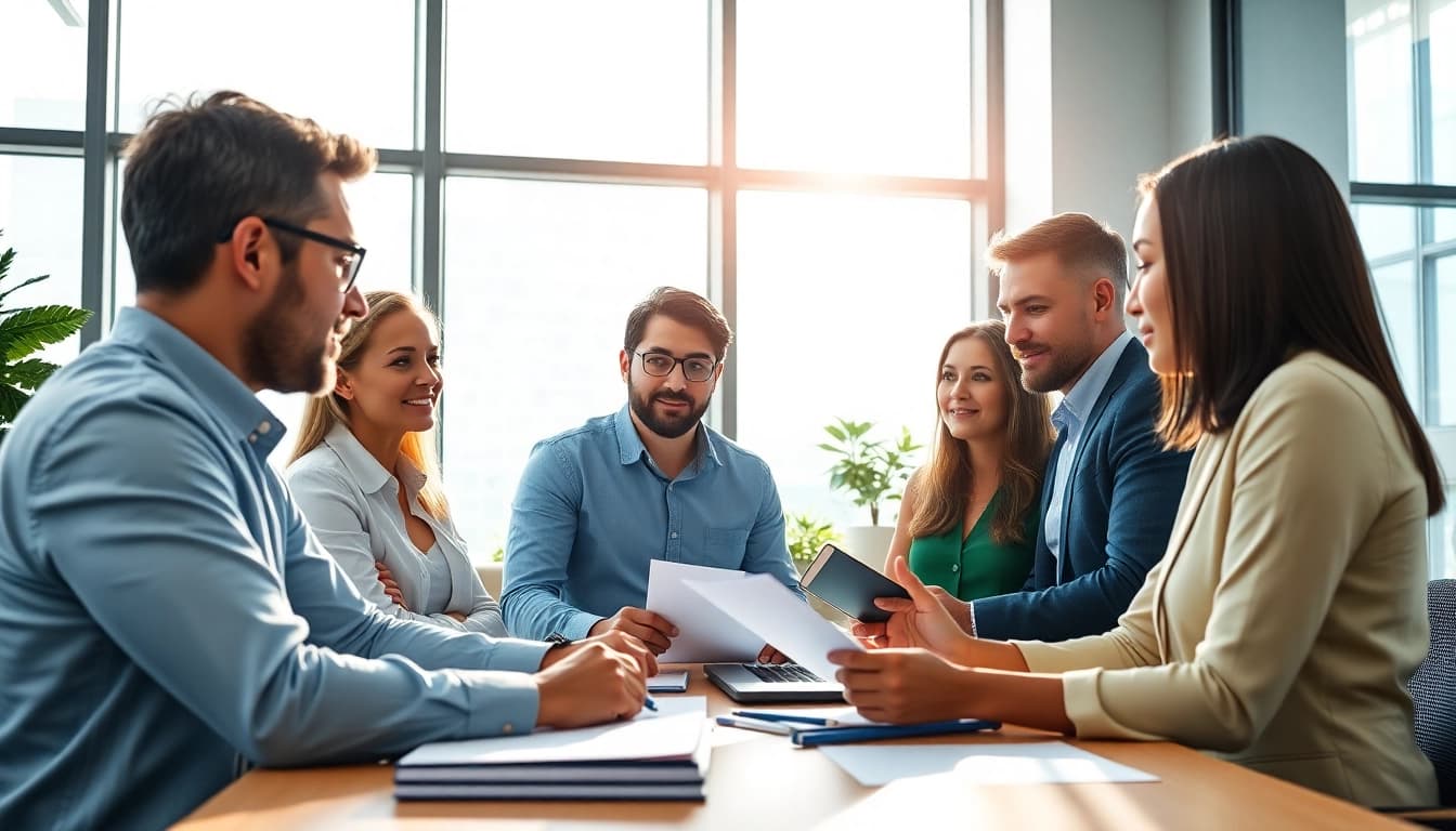 Business team engaged in Acquisition Planning discussion in a modern office setting.