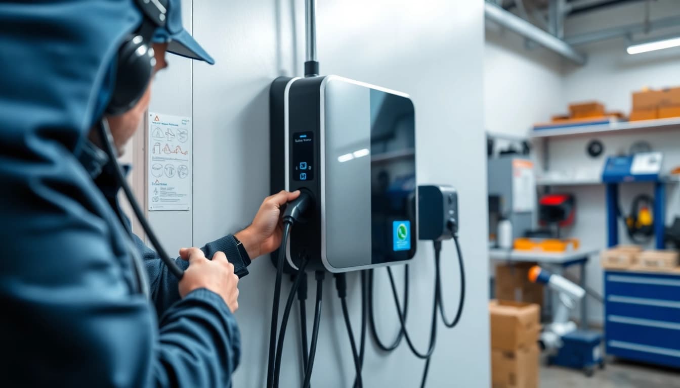 Technician performing EV Charging Installation, showcasing a modern charging unit.