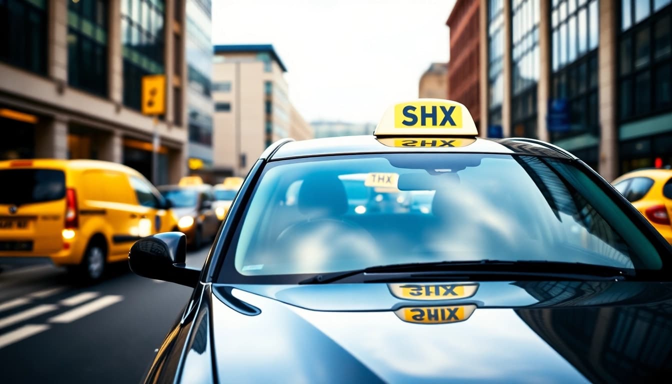 Heathrow taxi service offering a modern taxi in an urban setting with the airport in view.