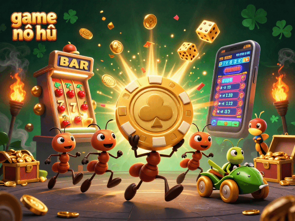 Engage with game nổ hũ through vibrant 3D cartoon heist illustration with ants and jackpots.