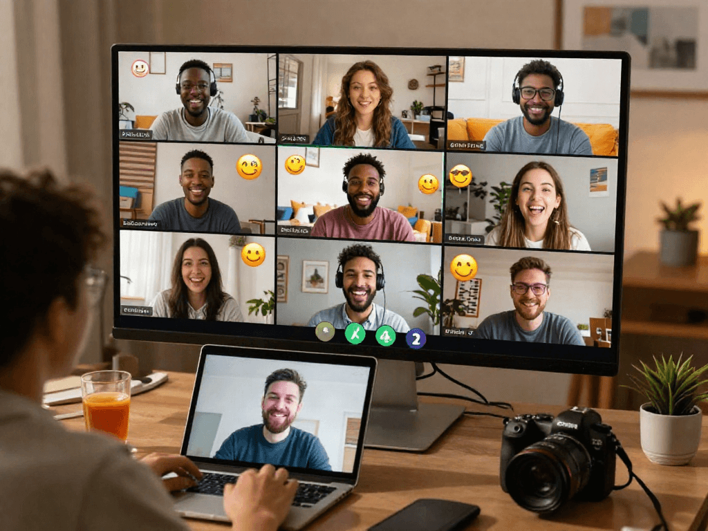 Spicychat: Friends enjoying a lively video call with emojis and drinks in a cozy home setting.