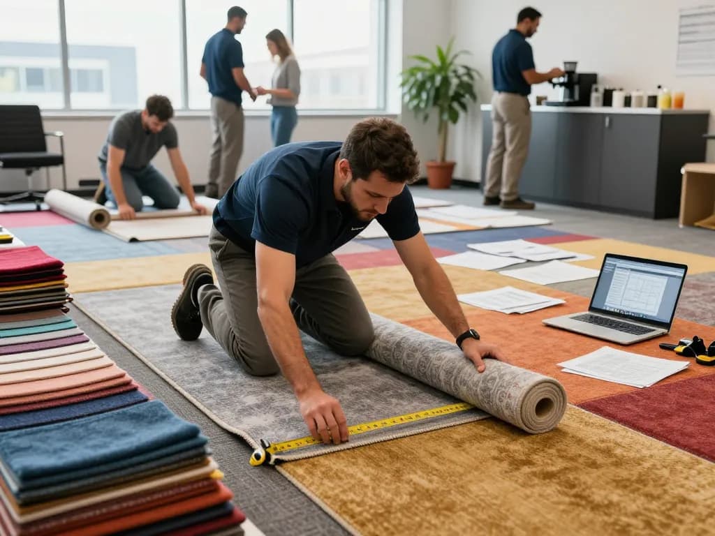 Commercial carpet installation process in a busy office, showcasing skilled technicians and vibrant carpet samples.