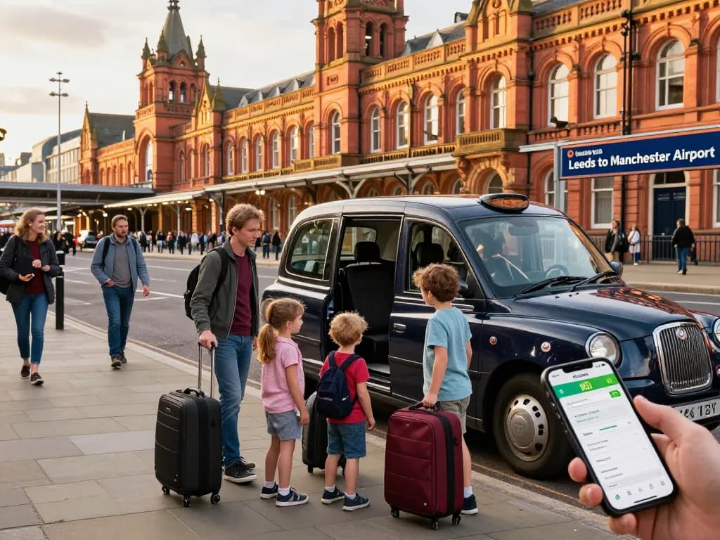 Cheapest taxi leeds to Manchester Airport scene with family preparing for a trip at Leeds station