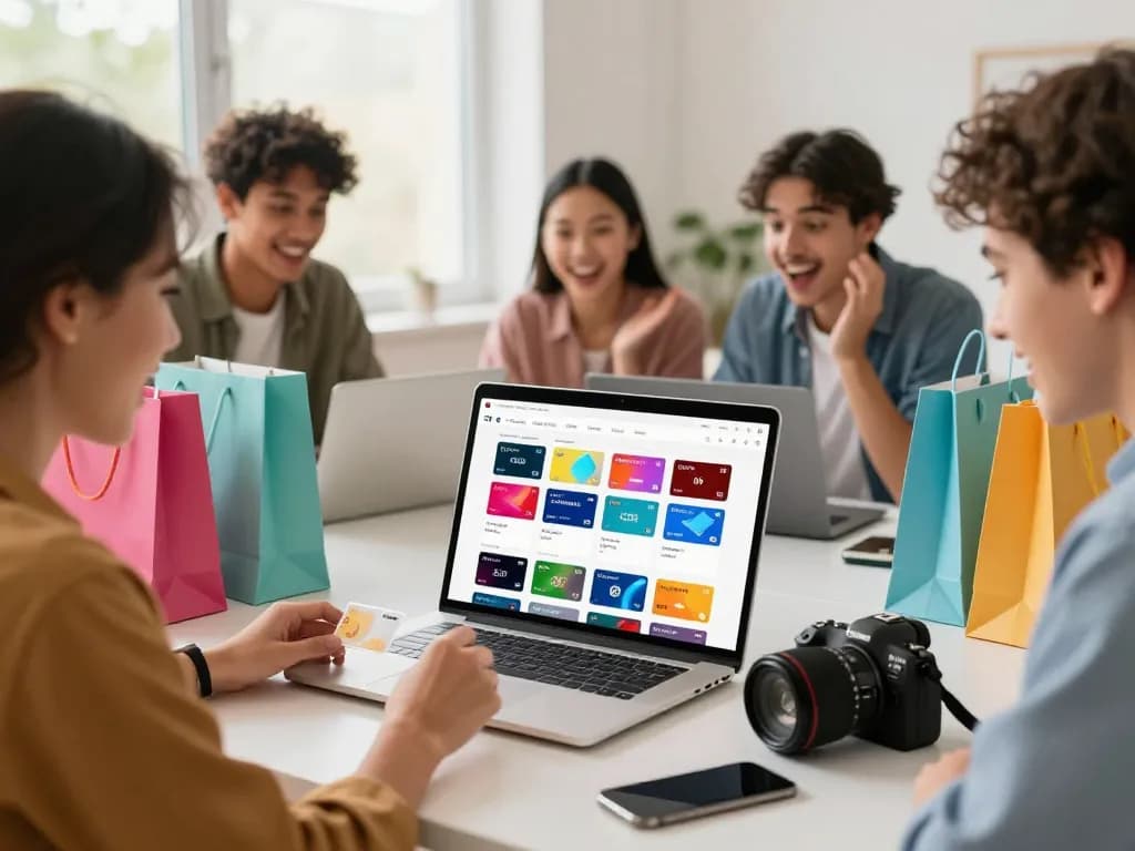 Buy ezzocard while young adults explore virtual prepaid card options on a laptop.