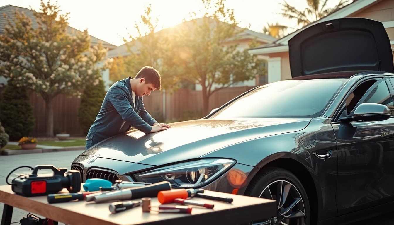 Mobile car repair technician effectively servicing a sleek vehicle in a residential area.