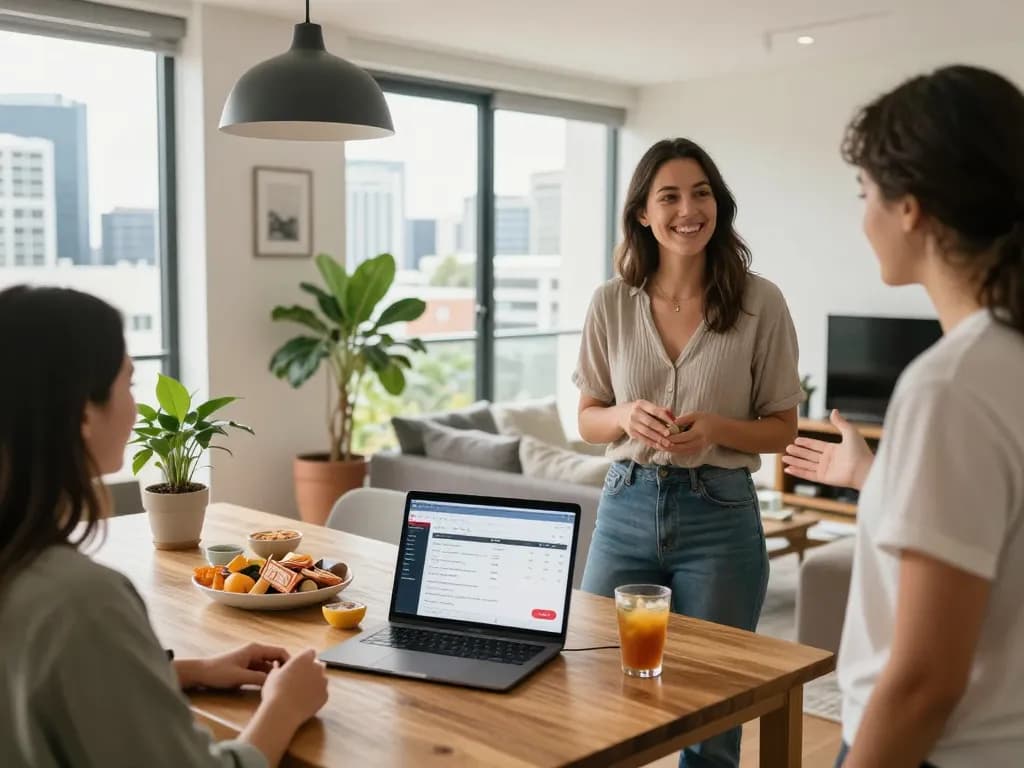 Airbnb management Brisbane scene with a friendly host welcoming guests in a modern apartment.