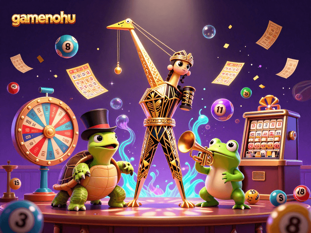 Experience excitement with gamenohu featuring colorful lottery balls and casino characters in vibrant 3D illustration.
