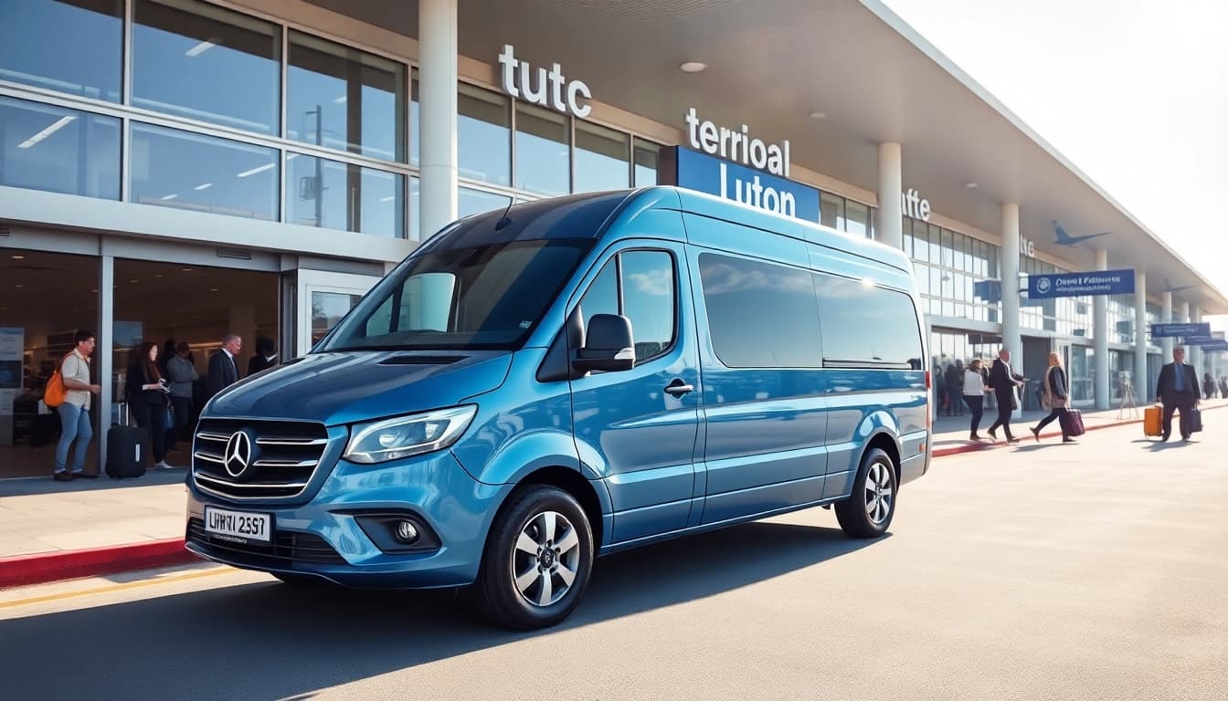 Shuttle service at Luton airport welcoming travelers with a modern van outside the terminal.