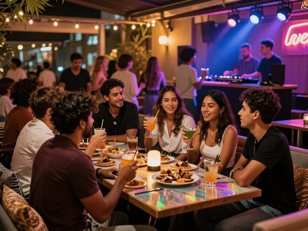NSFW urban nightlife scene with friends enjoying cocktails and music