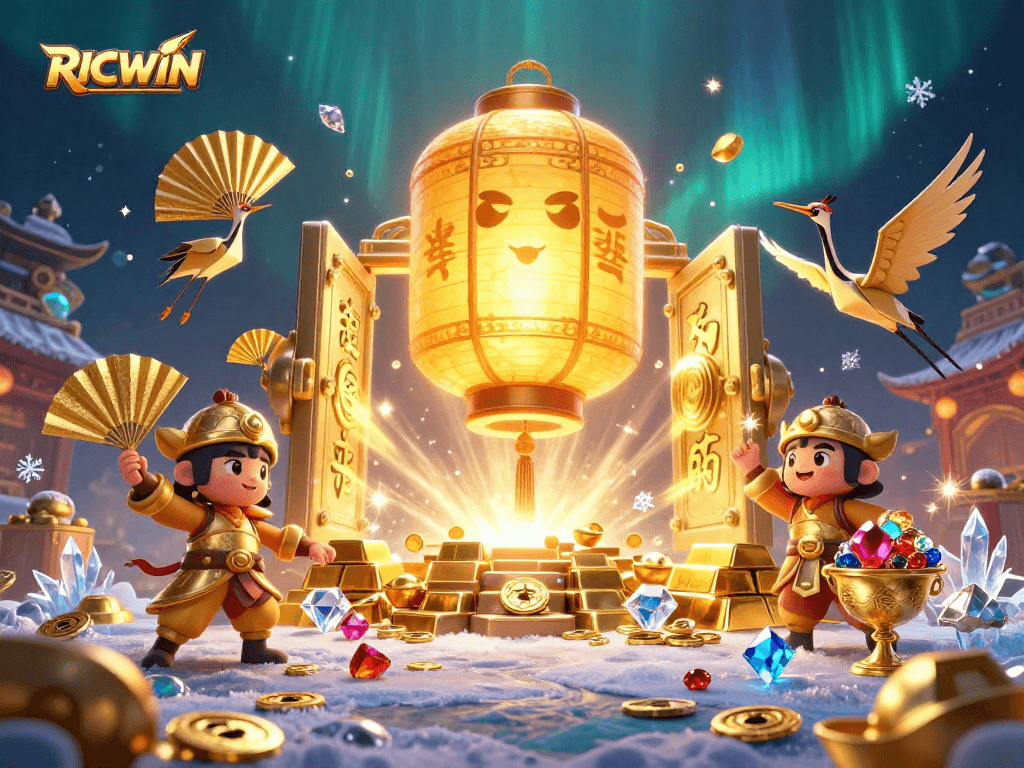 Engage in thrilling gameplay with RICWIN's enchanting casino night scene, featuring vibrant characters and treasures.