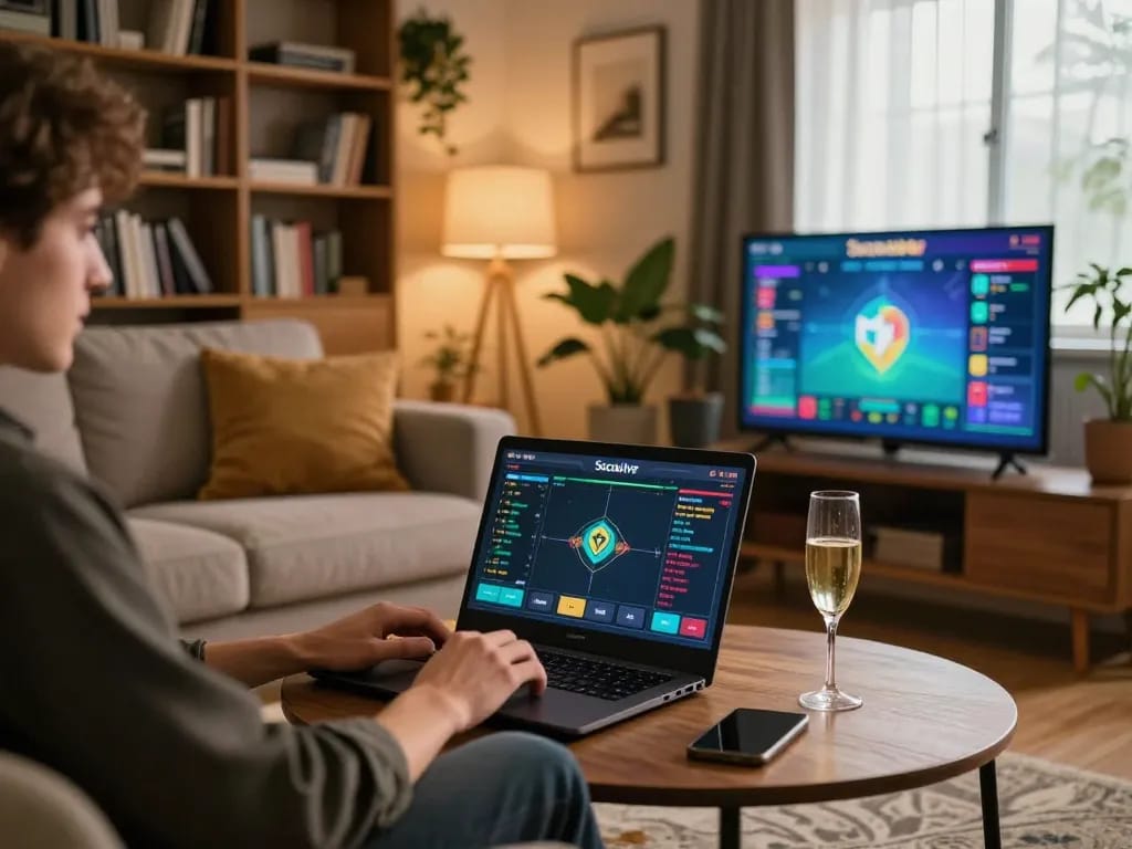 Socolive tv engaging online sports betting scene showing user placing bets, warm comfortable home atmosphere.