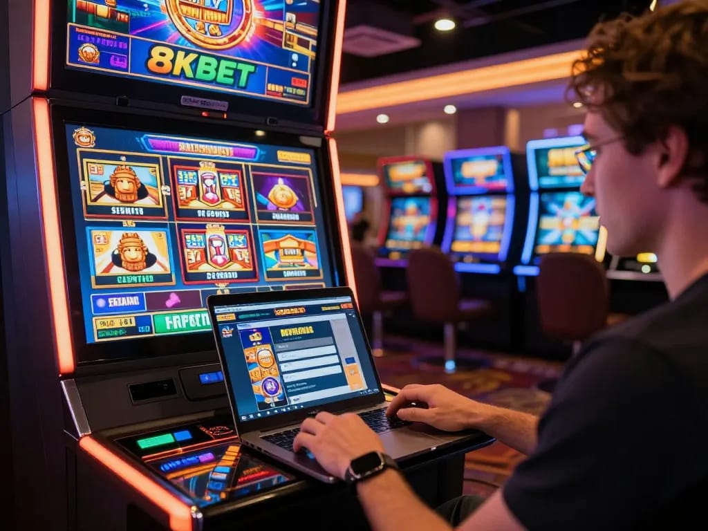 Exciting online gambling experience at 8KBET with engaging slot machine interface and vibrant digital graphics.
