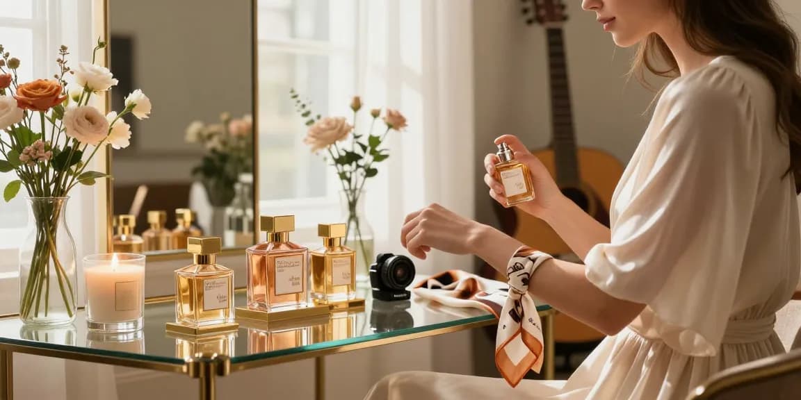 Maison Francis Kurkdjian (MFK) fragrance testing scene with luxurious flowers and soft sunlight.