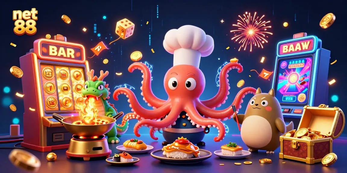 Engage with net 88 in a vibrant casino scene featuring an octopus chef, dragon, and animated slot machine.
