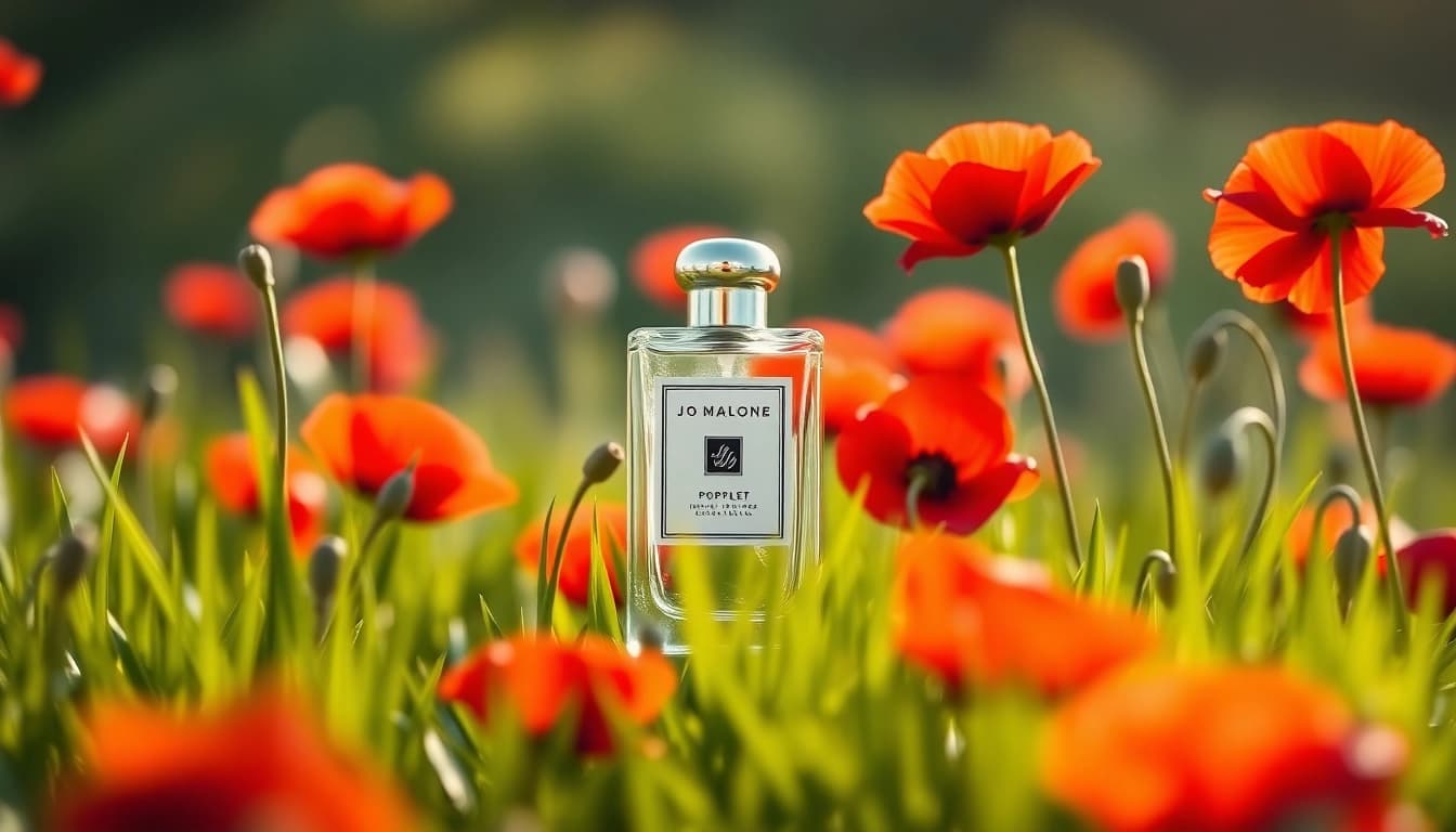 Showcase Jo malone Poppy scarlet perfume bottle among vibrant scarlet poppies in a sunlit field.