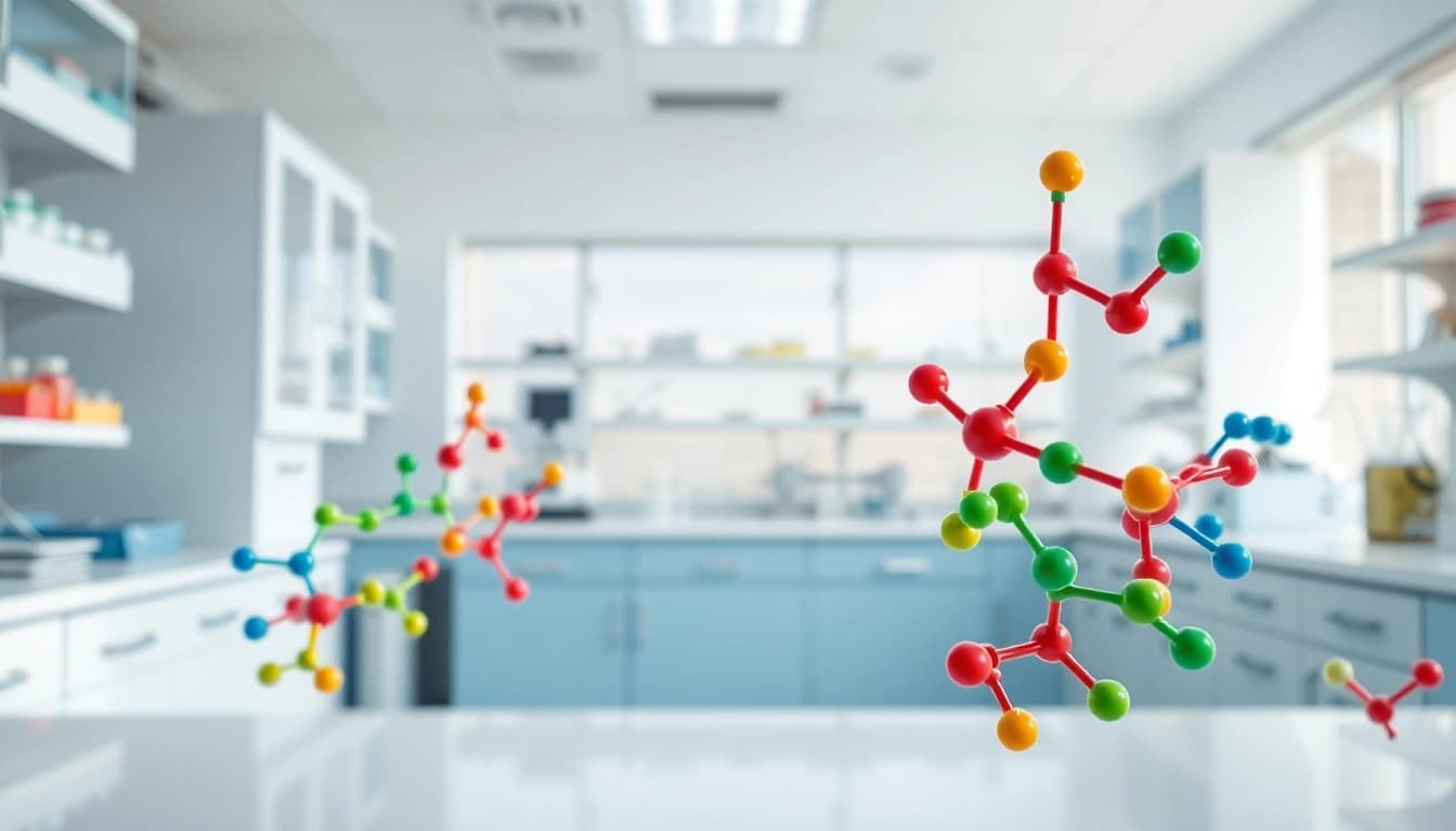 Showcasing Peptides UK through molecular structures in a bright laboratory.