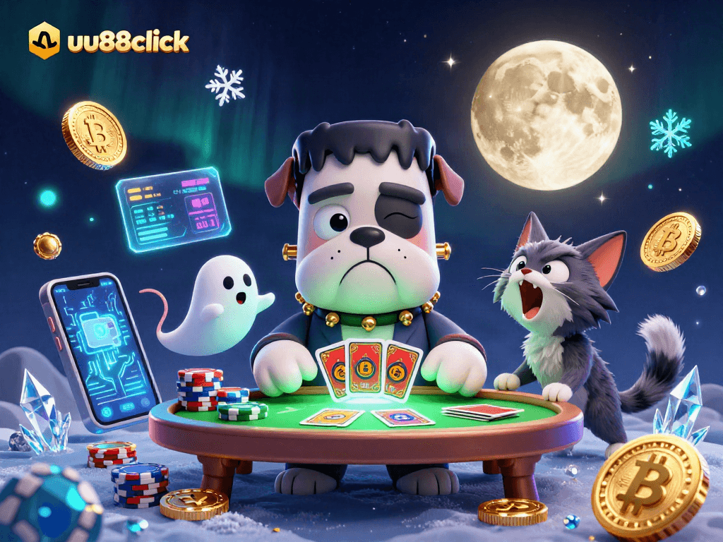 uu88click showcases a cartoon Frankenstein bulldog dealing cards with a ghost mouse and werewolf kitten in a vibrant casino