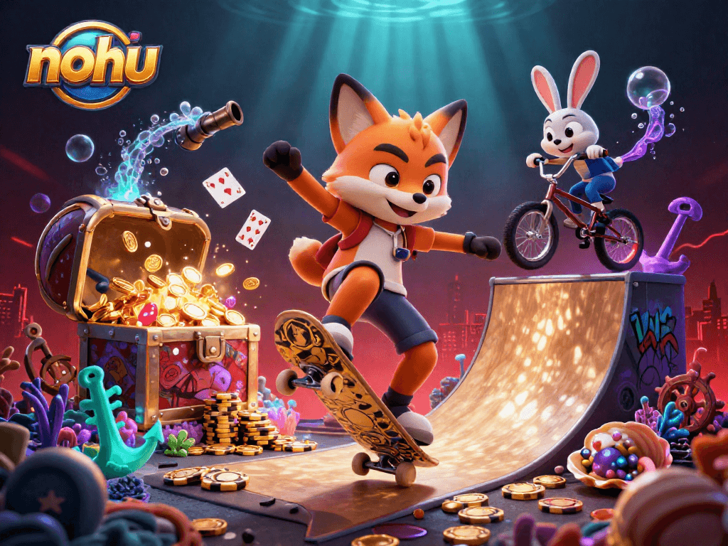 Nohu's vibrant gaming scene where a skateboarder fox performs tricks amidst casino elements, enriching the gambling atmosphere.