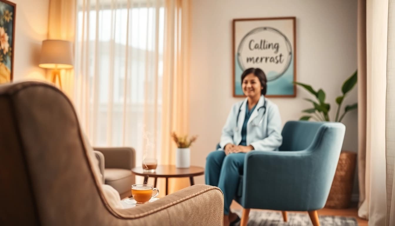 Counselling Services in a warm and inviting therapy room with calming decor and natural light.