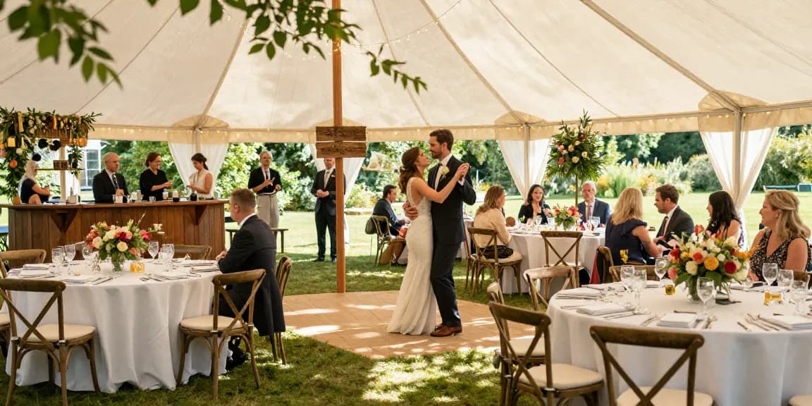 Elegant wedding reception under a marquee with joyful guests enjoying marquee hire London services