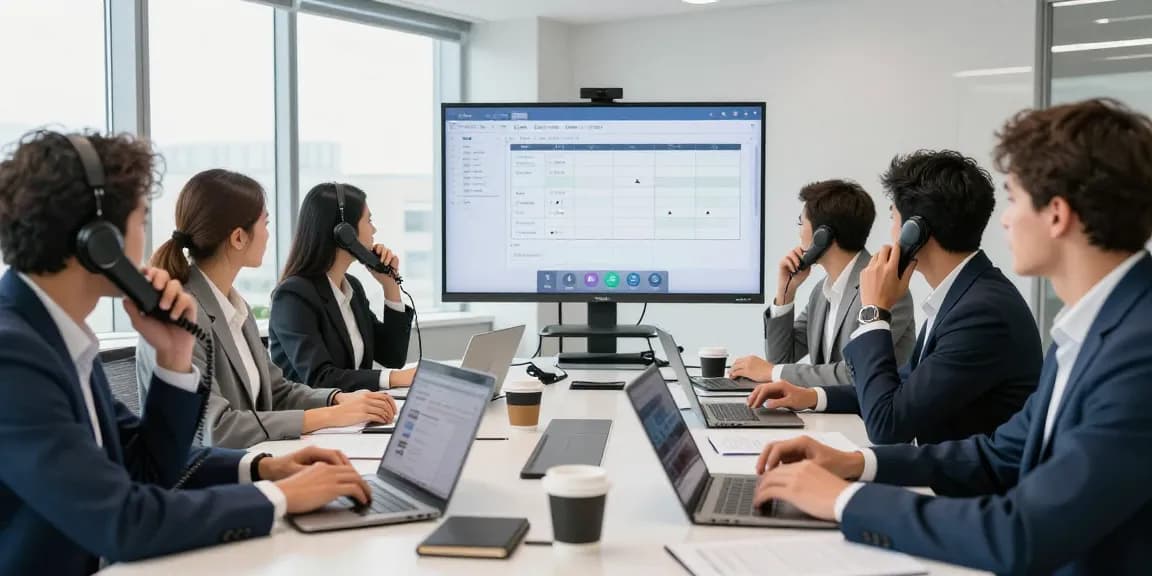 VoIP phone system UK in a busy office, team collaborating with modern technology.