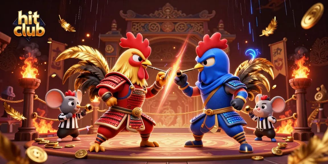 Experience the excitement of hit club with a clash of roosters in this vibrant 3D casino illustration.